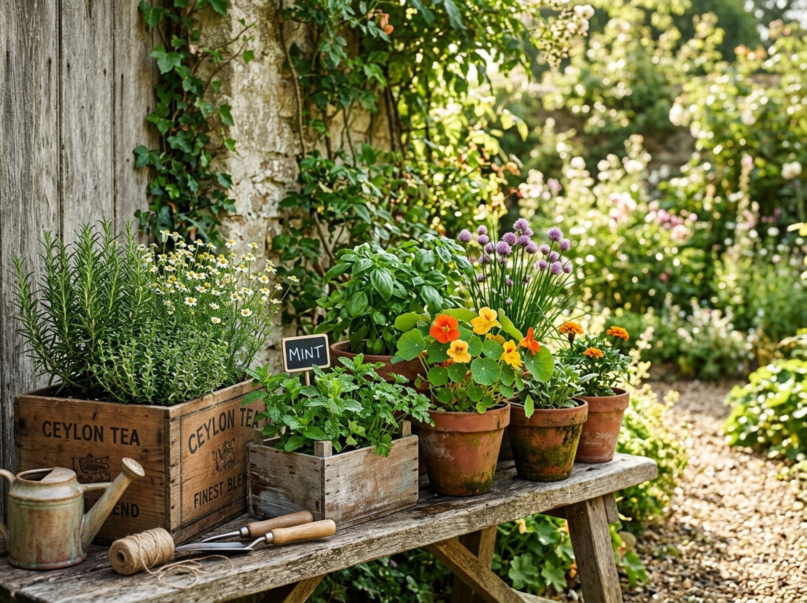 DIY mini garden created with upcycled wooden crates and terracotta pots filled with herbs.