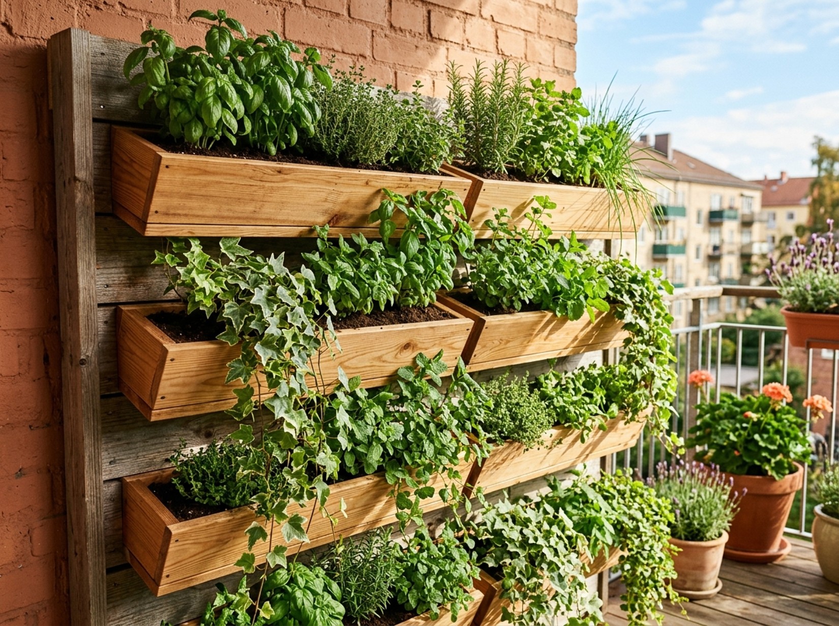 Wall-mounted wooden vertical planter holding fresh herbs and leafy greens on an apartment patio.